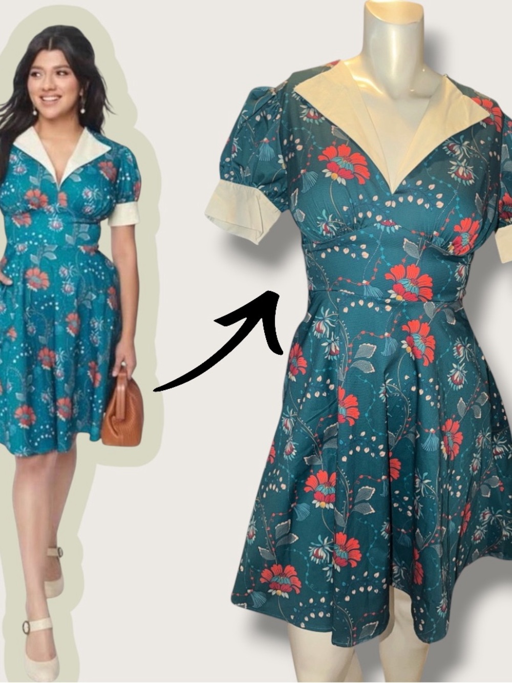 Unique Vintage Teal & Red Floral Chain Print Swing Dress NWT